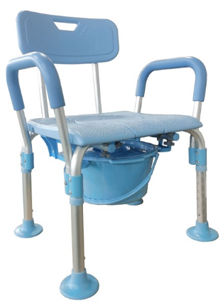 霧面陽極藍(lán)色方型座板無上層帶靠背板帶扶手大圓底腳墊帶圓形四耳便桶洗澡椅  型號：YM-F29-2-